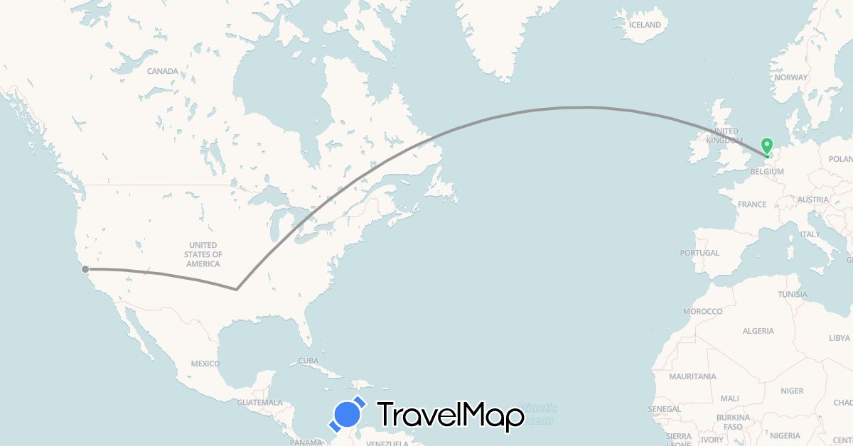 TravelMap itinerary: bus, plane in Netherlands, United States (Europe, North America)